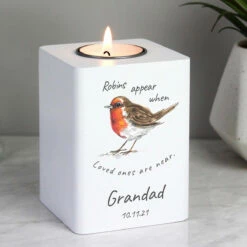 Personalised Robins Appear White Wooden Tealight Holder - New In