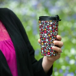Eco Chic Black Ditsy Flowers Stainless Steel Travel Coffee Cup | Insulated Travel Mug -Campus Gifts Sales eco chic flowers stainlesssteel travel cup 1
