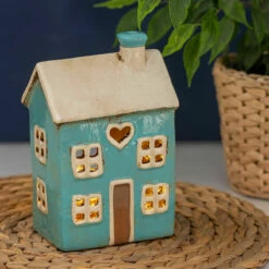 Shudehill Village Pottery Heart House Bright Blue Tealight Holder | Handcrafted Ornament & Trinket