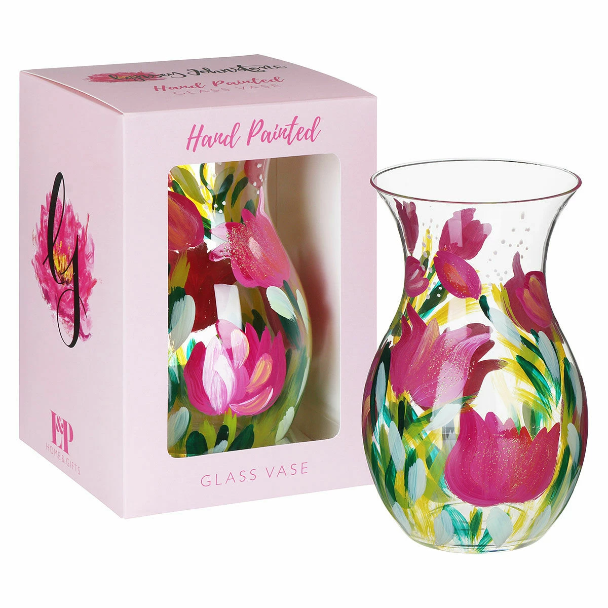 Lynsey Johnstone Hand Painted Pink Tulips Posy Vase - New In 3 Lynsey Johnstone Hand Painted Pink Tulips Posy Vase - New In