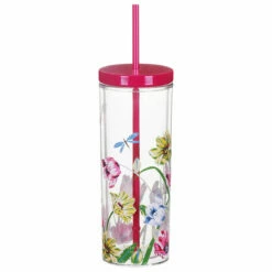 Kate Spade New York Dragonflies And Tulips Acrylic Tumbler with Straw - Stylish Travel Mug