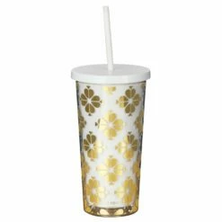 Kate Spade New York Gold Spade Flower Tumbler With Straw - Stylish Insulated Water Bottle