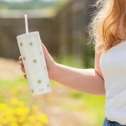 Kate Spade New York Gold Dot With Script Acrylic Tumbler With Straw - Stylish Travel Mug -Campus Gifts Sales lifeguard press kate spade 224338 gold dot tumbler with straw lifestyle