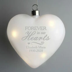 Personalised 'Forever In Our Hearts' LED Hanging Glass Heart - Memorial Keepsake