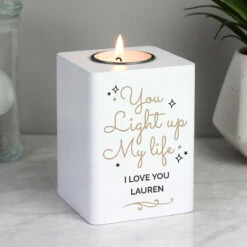 Personalised 'Light Up My Life' White Wooden Tea Light Holder | Elegant Candle Gift