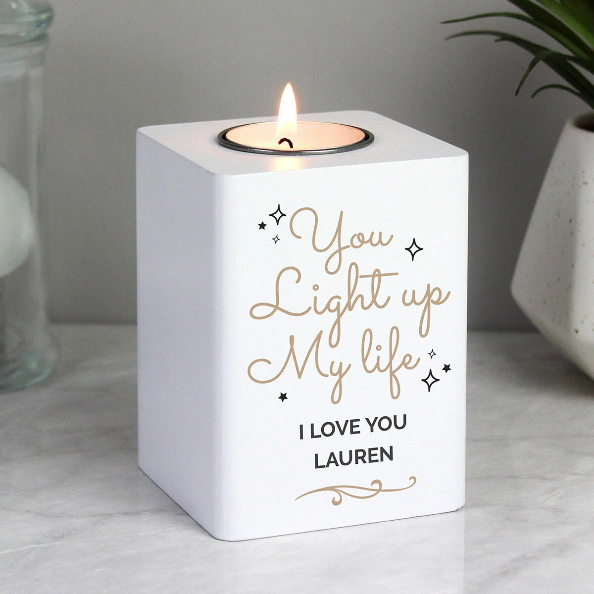 Personalised 'Light Up My Life' White Wooden Tea Light Holder | Elegant Candle Gift 3 Personalised 'Light Up My Life' White Wooden Tea Light Holder | Elegant Candle Gift