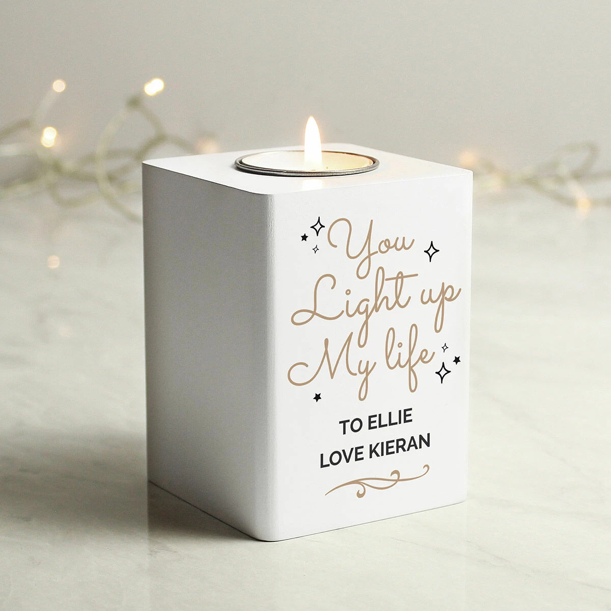 Personalised 'Light Up My Life' White Wooden Tea Light Holder | Elegant Candle Gift 6 Personalised 'Light Up My Life' White Wooden Tea Light Holder | Elegant Candle Gift - Image 4