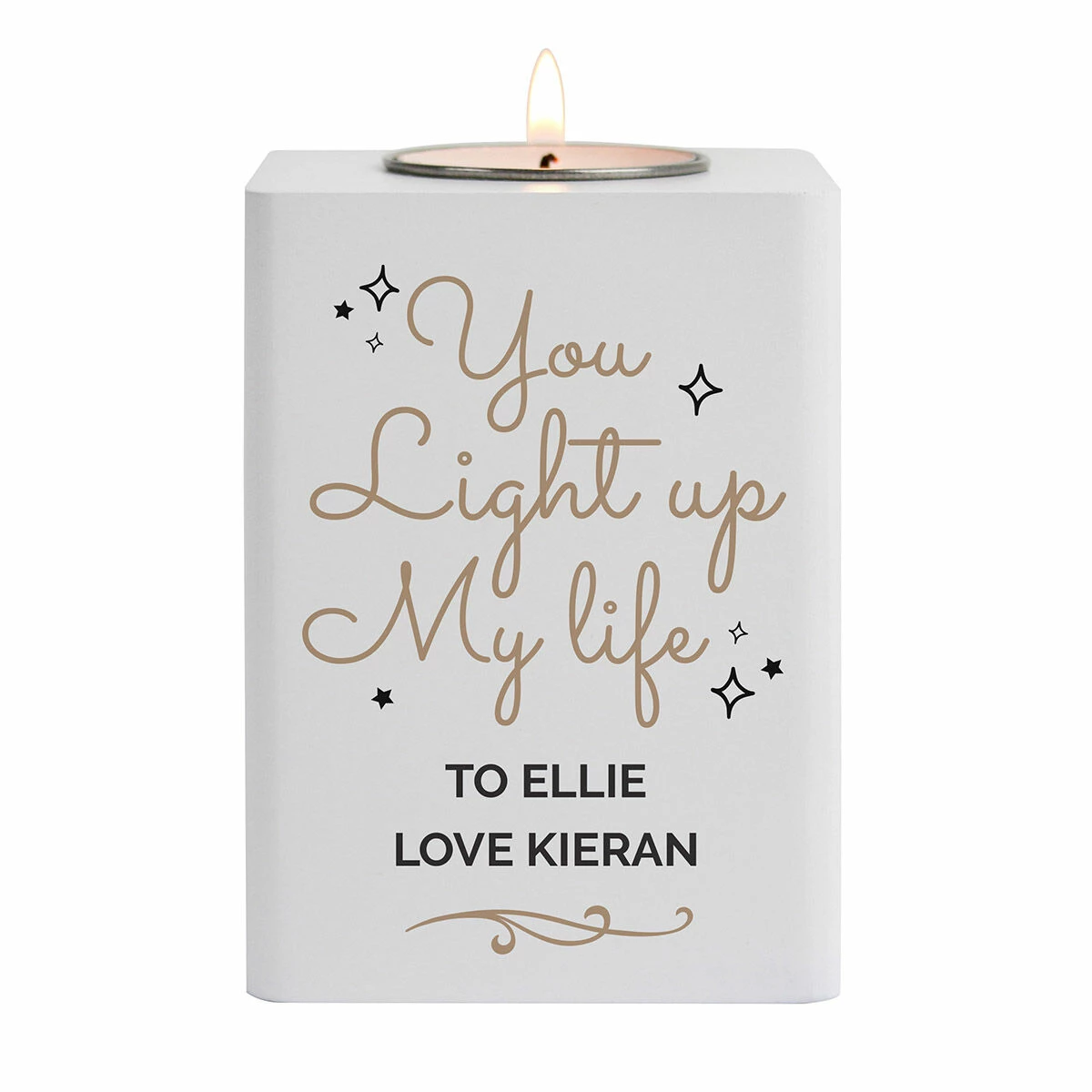 Personalised 'Light Up My Life' White Wooden Tea Light Holder | Elegant Candle Gift 5 Personalised 'Light Up My Life' White Wooden Tea Light Holder | Elegant Candle Gift - Image 3