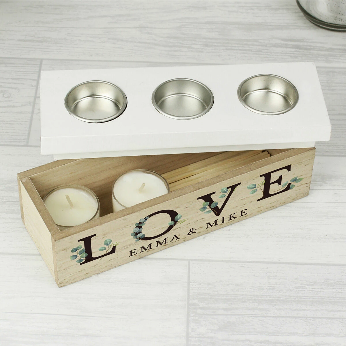 Personalised ‘Love’ Botanical Triple Tealight Box | Unique Gift Idea | Tins & Storage 4 Personalised ‘Love’ Botanical Triple Tealight Box | Unique Gift Idea | Tins & Storage - Image 2