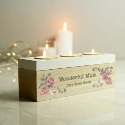Personalised Floral Watercolour Triple Tealight Holder - Unique Home Decoration