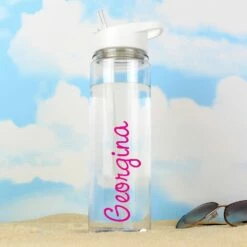 Personalised Island Water Bottle With Pink Text - Customisable Gift Idea