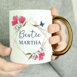 Personalised Geometric Floral Gold Handle Mug - Unique Custom Design -Campus Gifts Sales pmc personalised p0805n44 geometic floral gold handle mug 07