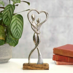 Transomnia Silver Metal Dancing Couple Sculpture on Wooden Base - Elegant Home Decoration