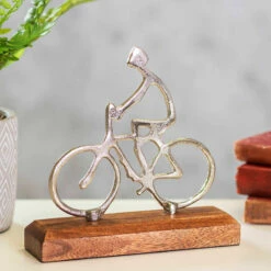 Transomnia Silver Metal Cyclist On Wooden Base Decoration | Elegant Ornament & Trinket
