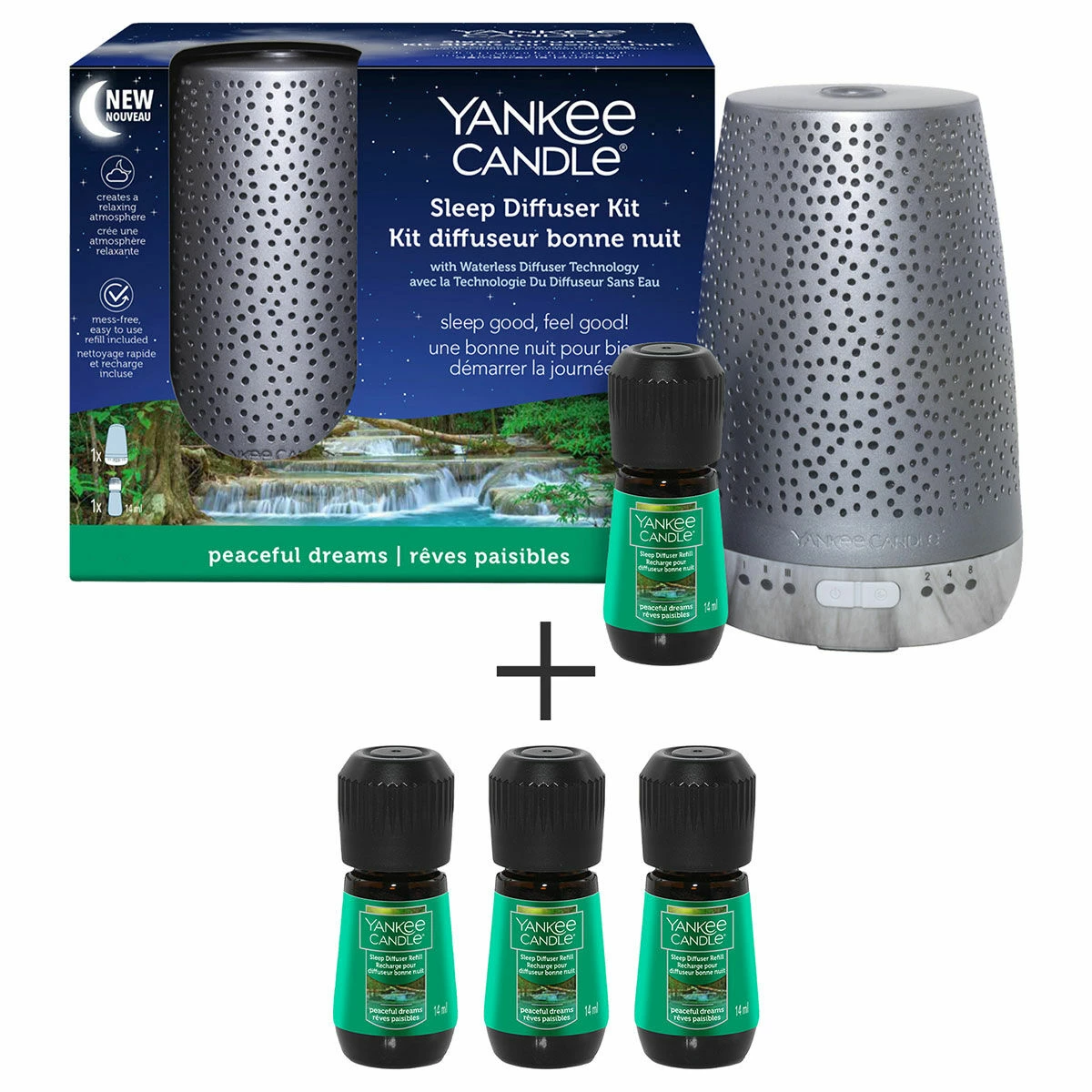 Yankee Candle Peaceful Dreams Silver Sleep Diffuser Starter Kit With 3 Refills | New In 3 Yankee Candle Peaceful Dreams Silver Sleep Diffuser Starter Kit With 3 Refills | New In
